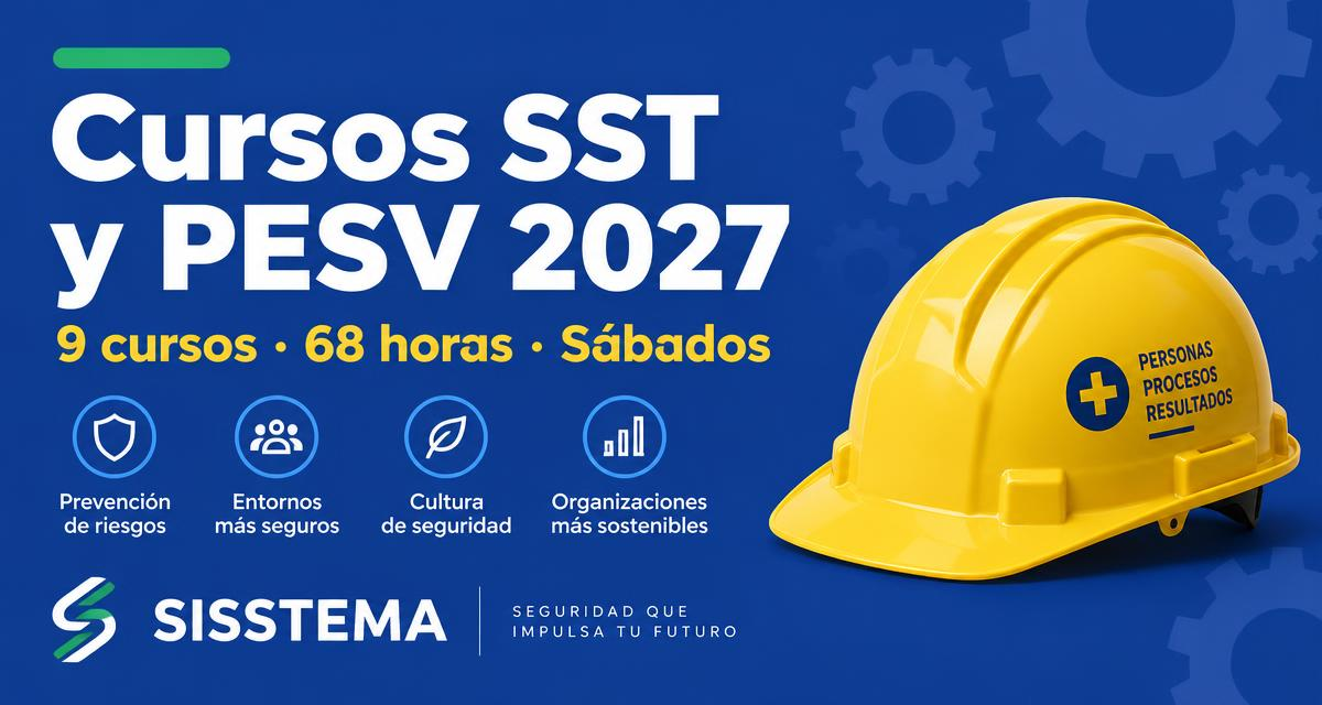 Banner de Cursos SST y PESV 2027 de SISSTEMA: 9 cursos, 68 horas, sábados